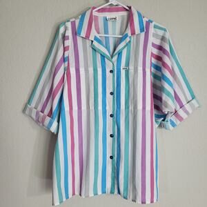 Vintage Striped Button Up Shirt Cerse Womens Large 80s 90s Casual Oversized